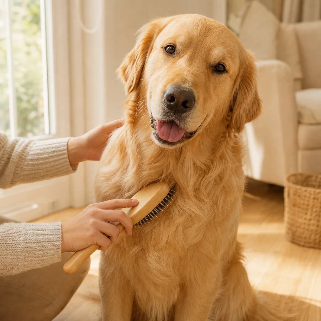 A relaxed golden retriever being gently brushed at home with Fetch & Co. grooming essentials
